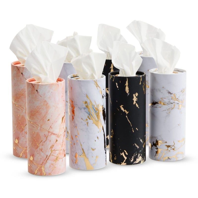 Zodaca 8-Pack Car Tissues Cylinder Boxes - Round Travel Wipes for Car Cup Holder (50 Tissues Per Container, Marble Design) - Image 1